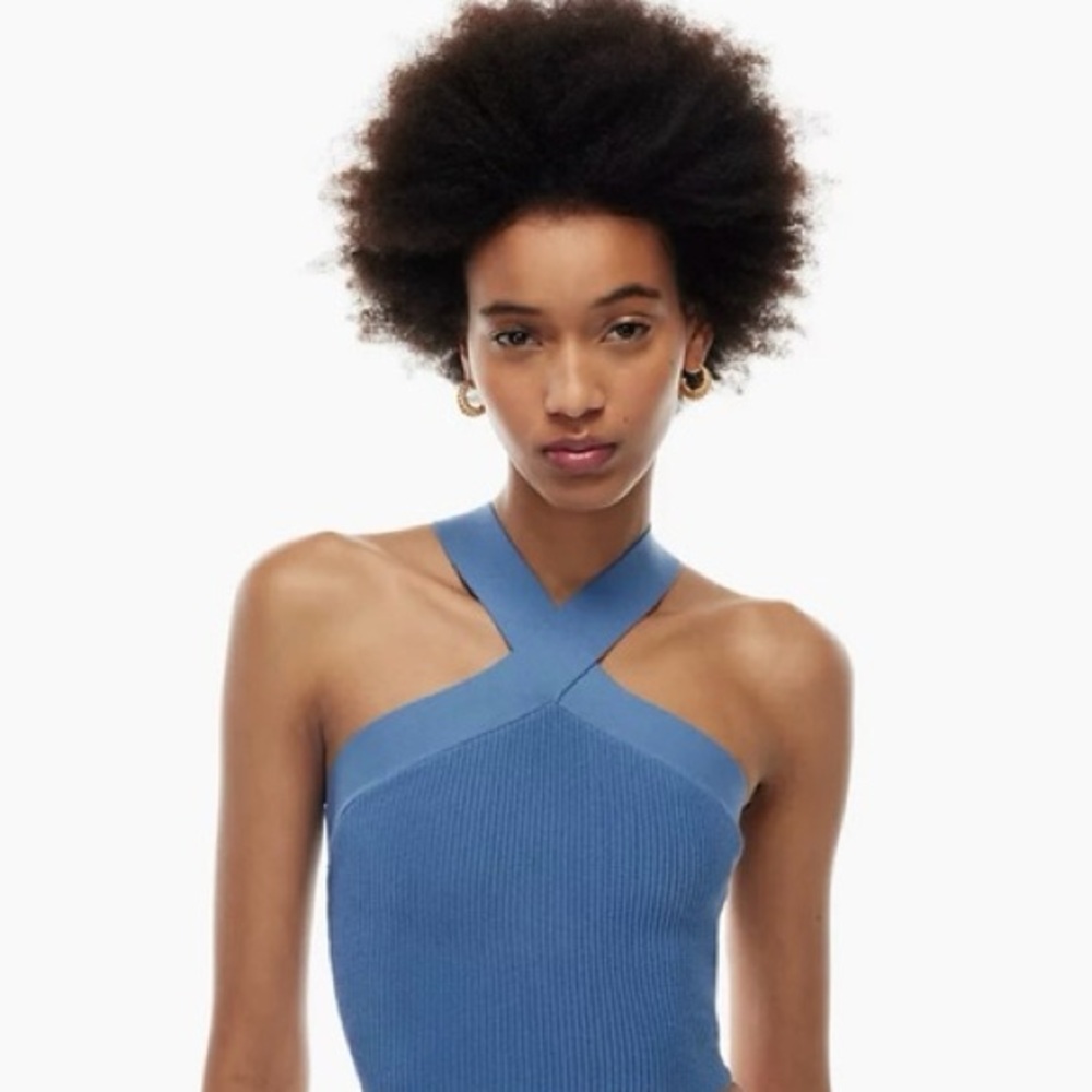 BABATON Sculpt Knit Criss Cross Blue Tank, Size Small *minor flaw*